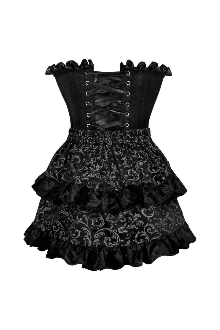 Top Drawer 2 PC Black Satin Steel Boned Burlesque Corset & Silver Brocade Skirt Set