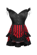 Top Drawer 2 PC Black Satin Steel Boned Corset w/Straps & Striped Skirt Set