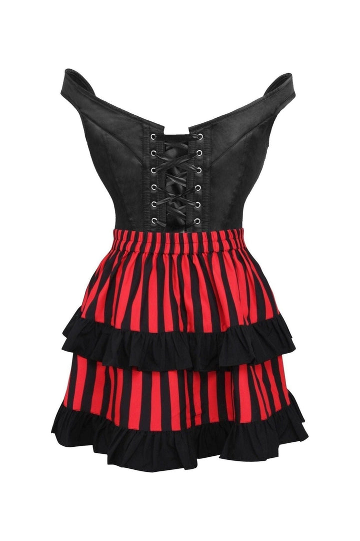 Top Drawer 2 PC Black Satin Steel Boned Corset w/Straps & Striped Skirt Set