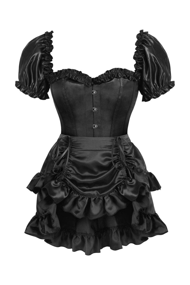 Top Drawer 2 PC Black Satin Steel Boned Overbust Corset w/Sleeves & Satin Skirt Set