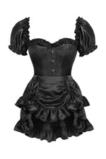 Top Drawer 2 PC Black Satin Steel Boned Overbust Corset w/Sleeves & Satin Skirt Set