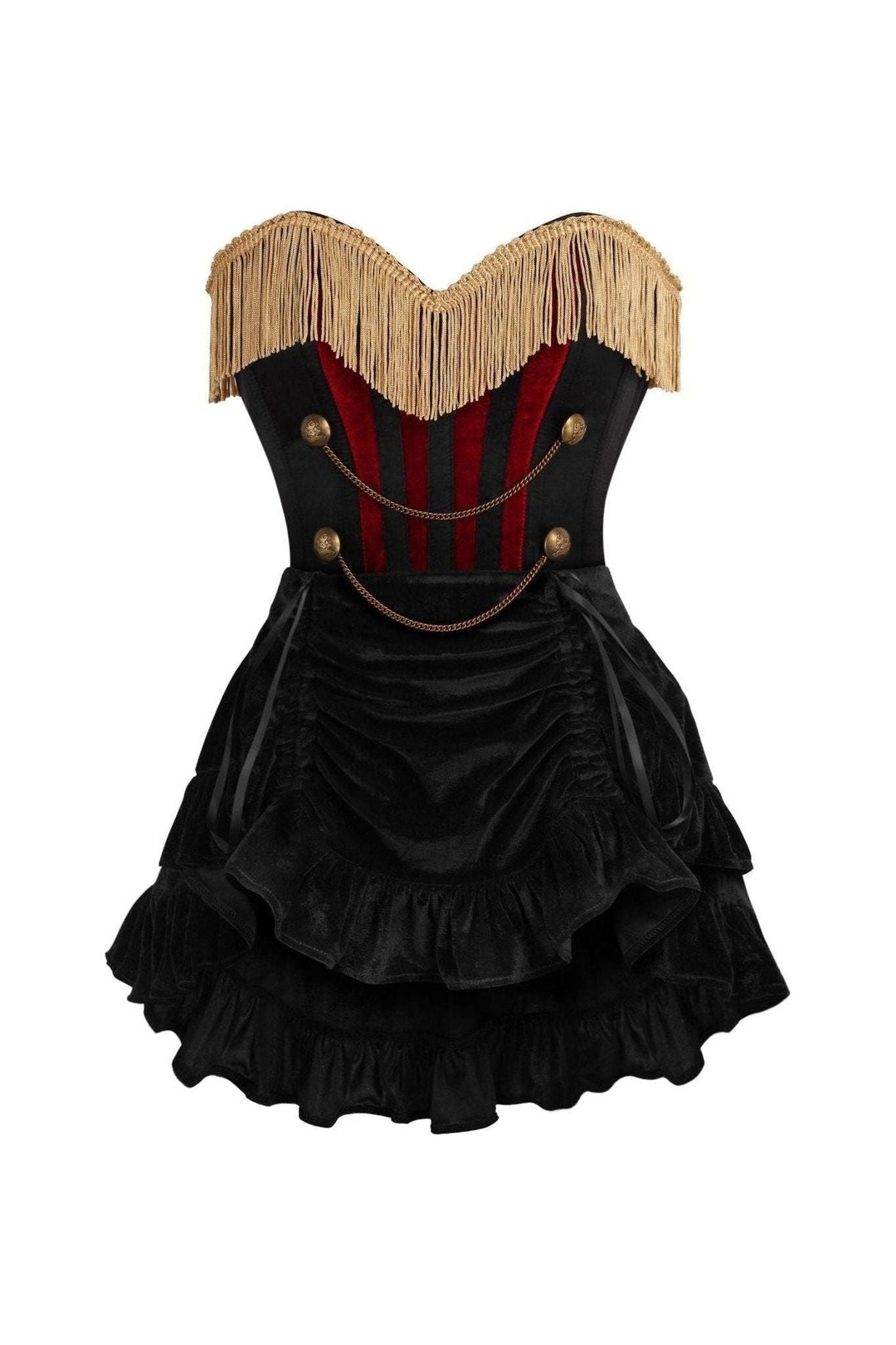 Daisy Corsets Top Drawer 2 PC Burlesque Black & Dark Red Steel Boned Corset w/Gold Fringe & Skirt Set in Red  from SexyShoes.com
