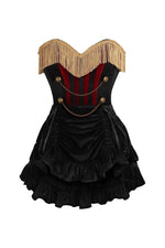 Top Drawer 2 PC Burlesque Black & Dark Red Steel Boned Corset w/Gold Fringe & Skirt Set