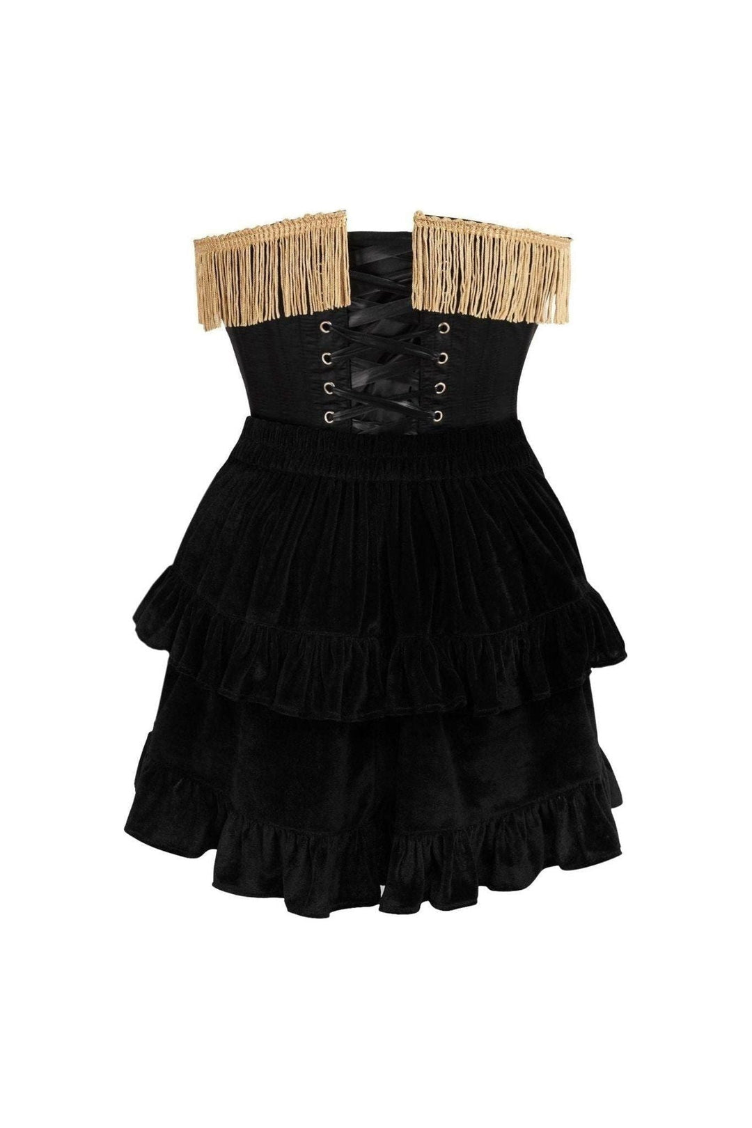 Top Drawer 2 PC Burlesque Black & Dark Red Steel Boned Corset w/Gold Fringe & Skirt Set