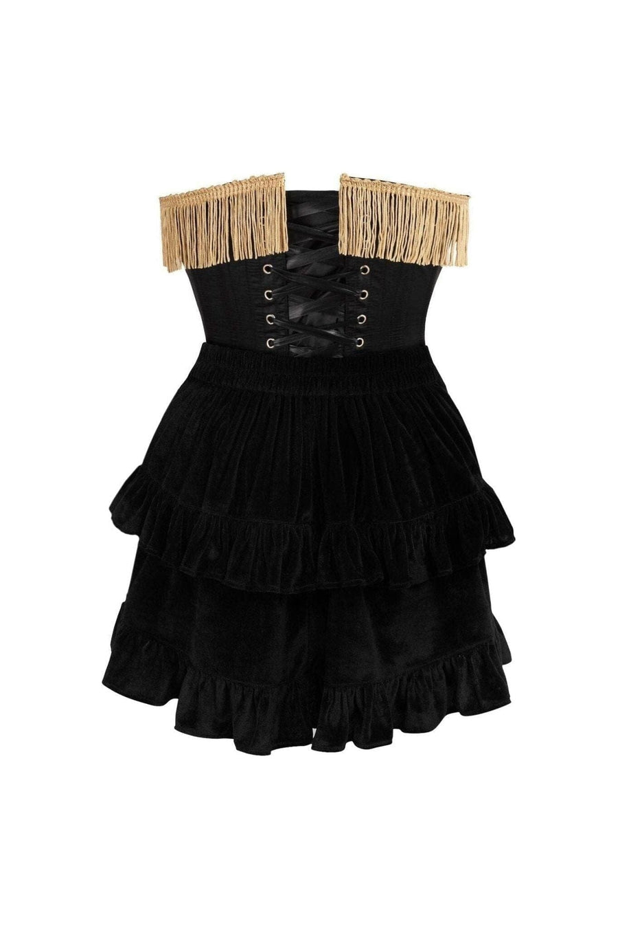 Daisy Corsets Top Drawer 2 PC Burlesque Black & Dark Red Steel Boned Corset w/Gold Fringe & Skirt Set in Red 