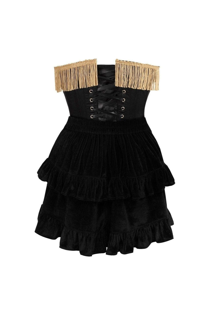 Top Drawer 2 PC Burlesque Black & Dark Red Steel Boned Corset w/Gold Fringe & Skirt Set