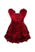 Top Drawer 2 PC Dark Red Velvet Lace-Up Corset & Skirt Set
