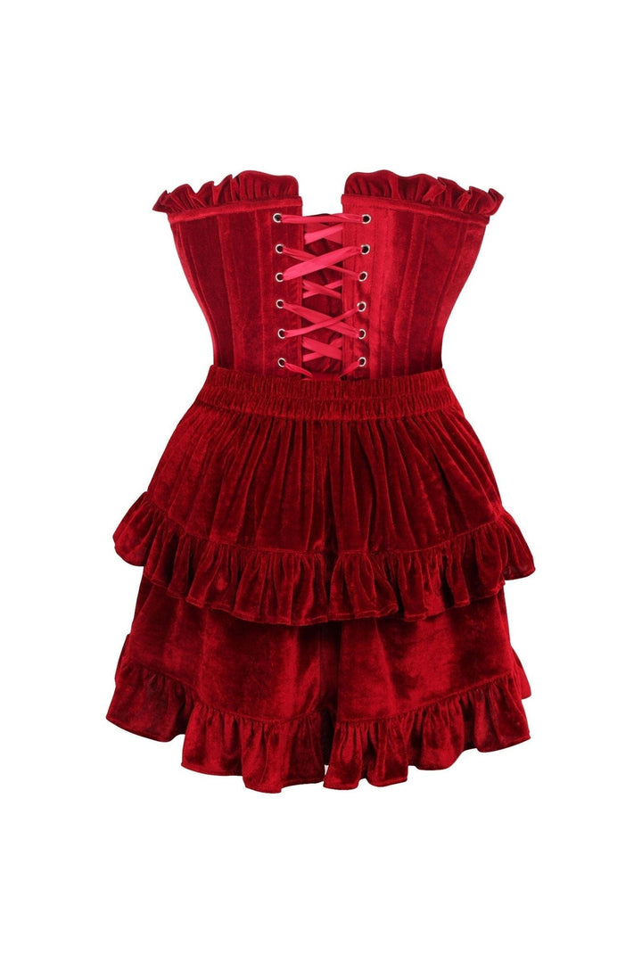 Top Drawer 2 PC Dark Red Velvet Lace-Up Corset & Skirt Set