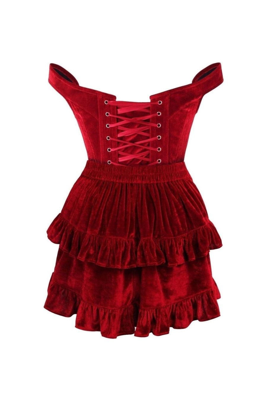 Daisy Corsets Top Drawer 2 PC Dark Red Velvet Steel Boned Corset & Skirt Set in Red 