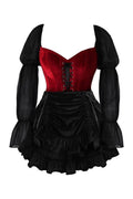 Top Drawer 2 PC Dark Red Velvet Steel Boned Corset w/Sleeves & Skirt Set