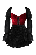 Top Drawer 2 PC Dark Red Velvet Steel Boned Corset w/Sleeves & Skirt Set