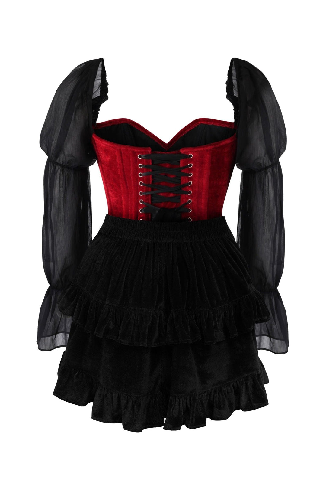 Top Drawer 2 PC Dark Red Velvet Steel Boned Corset w/Sleeves & Skirt Set