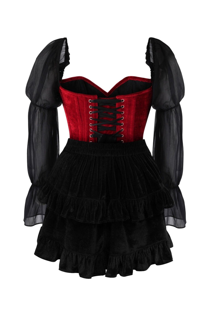 Top Drawer 2 PC Dark Red Velvet Steel Boned Corset w/Sleeves & Skirt Set