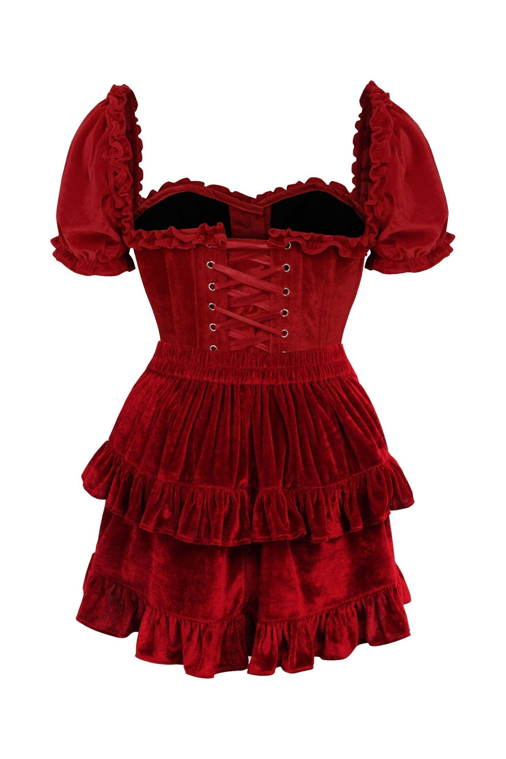 Daisy Corsets Top Drawer 2 PC Dark Red Velvet Steel Boned Corset w/sleeves & Skirt Set in Red 