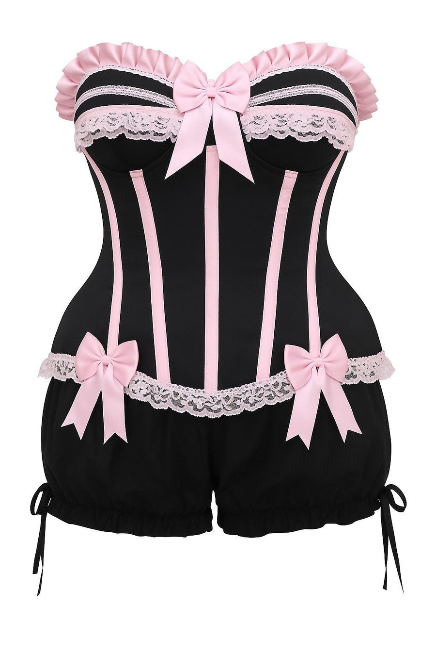 Top Drawer 2 PC Pink/Black Burlesque Steel Boned Corset & Bloomer Set