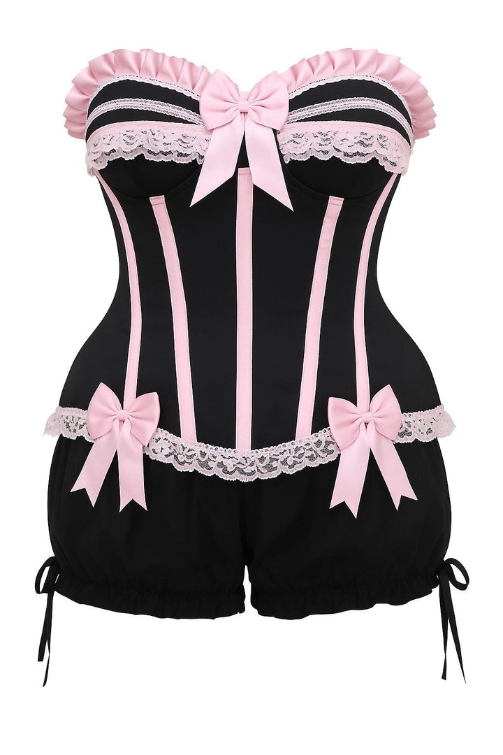 Top Drawer 2 PC Pink/Black Burlesque Steel Boned Corset & Bloomer Set