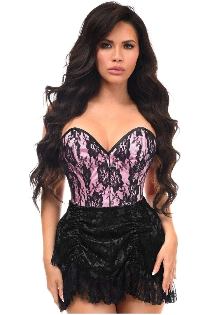 Top Drawer 2 PC Pink/Black Lace Steel Boned Corset & Skirt Set