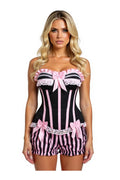 Top Drawer 2 PC Pink/Black Striped Burlesque Steel Boned Corset & Bloomer Set