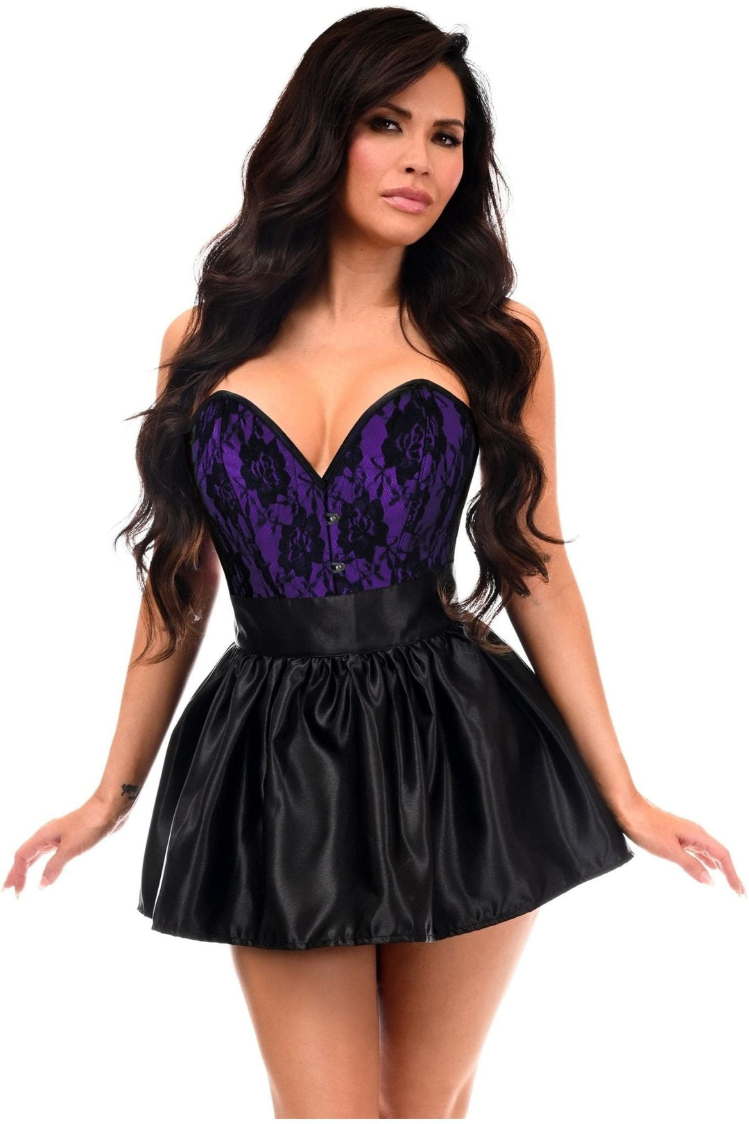 Top Drawer 2 PC Purple/Black Lace Steel Boned Corset & Satin Skirt Set
