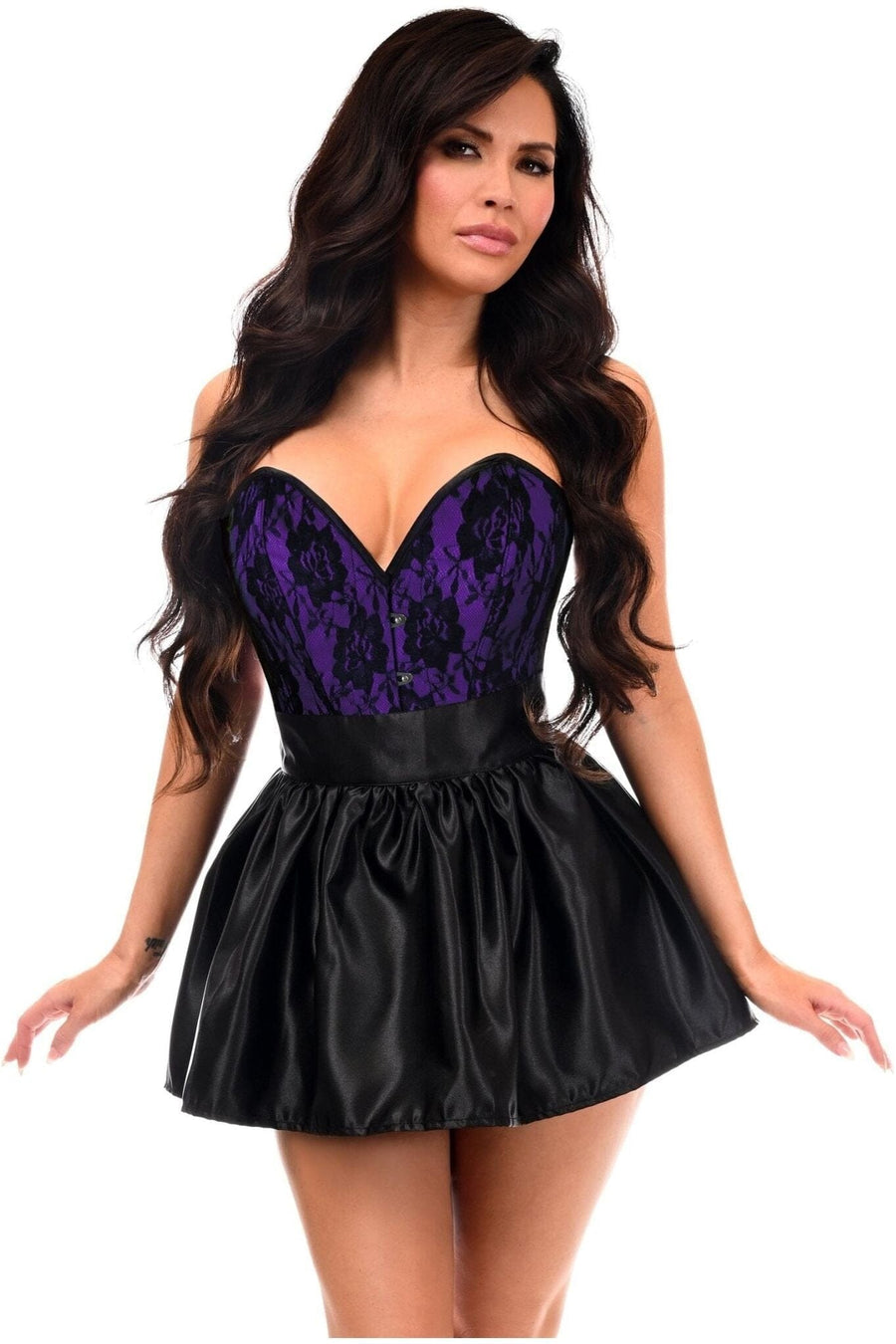 Daisy Corsets Top Drawer 2 PC Purple/Black Lace Steel Boned Corset & Satin Skirt Set in Purple 