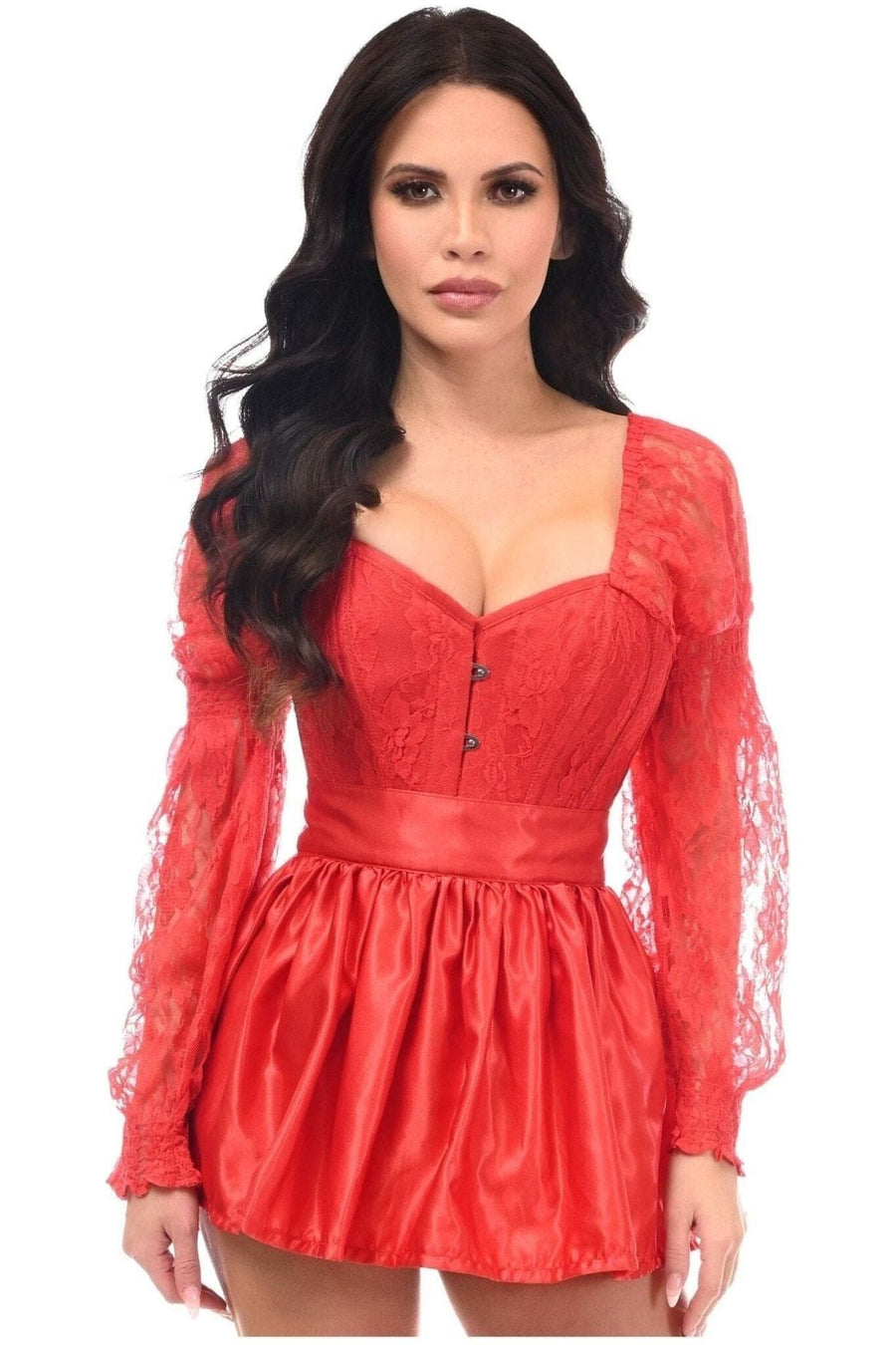 Daisy Corsets Top Drawer 2 PC Red Lace Steel Boned Corset & Satin Skirt Set in Red 
