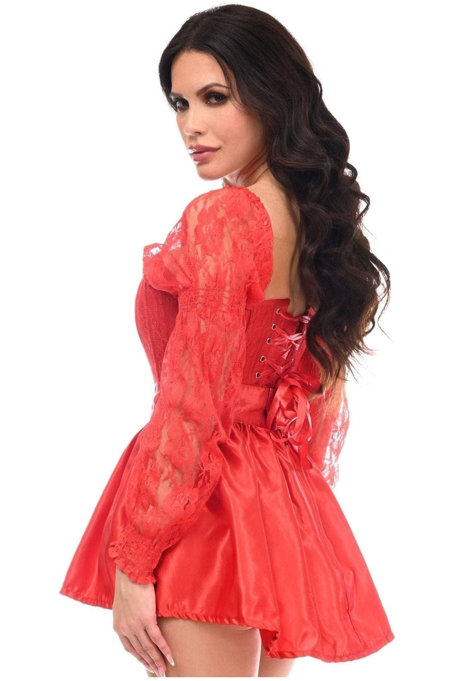 Daisy Corsets Top Drawer 2 PC Red Lace Steel Boned Corset & Satin Skirt Set in Red 