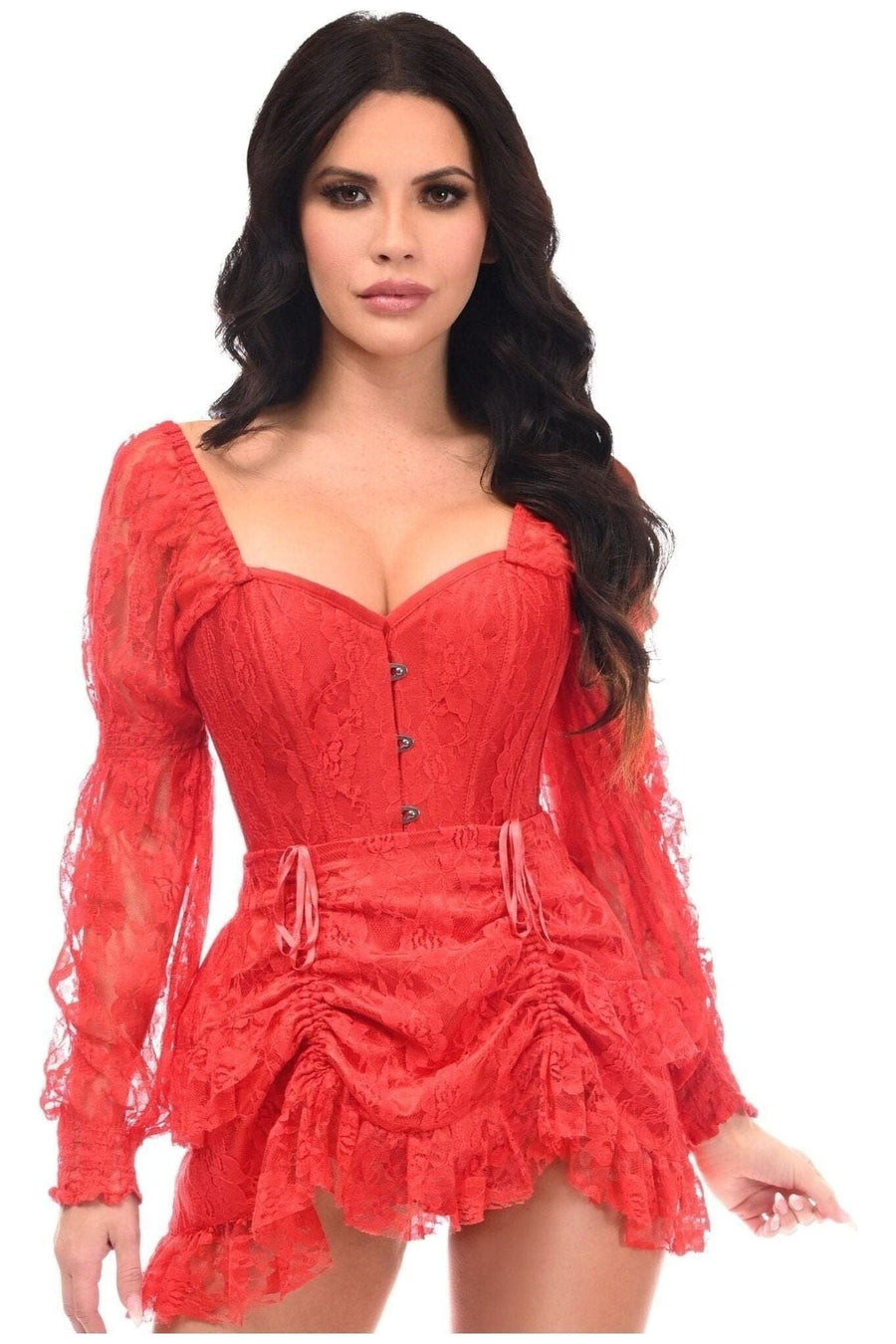 Daisy Corsets Top Drawer 2 PC Red Lace Steel Boned Corset & Skirt Set in Red 