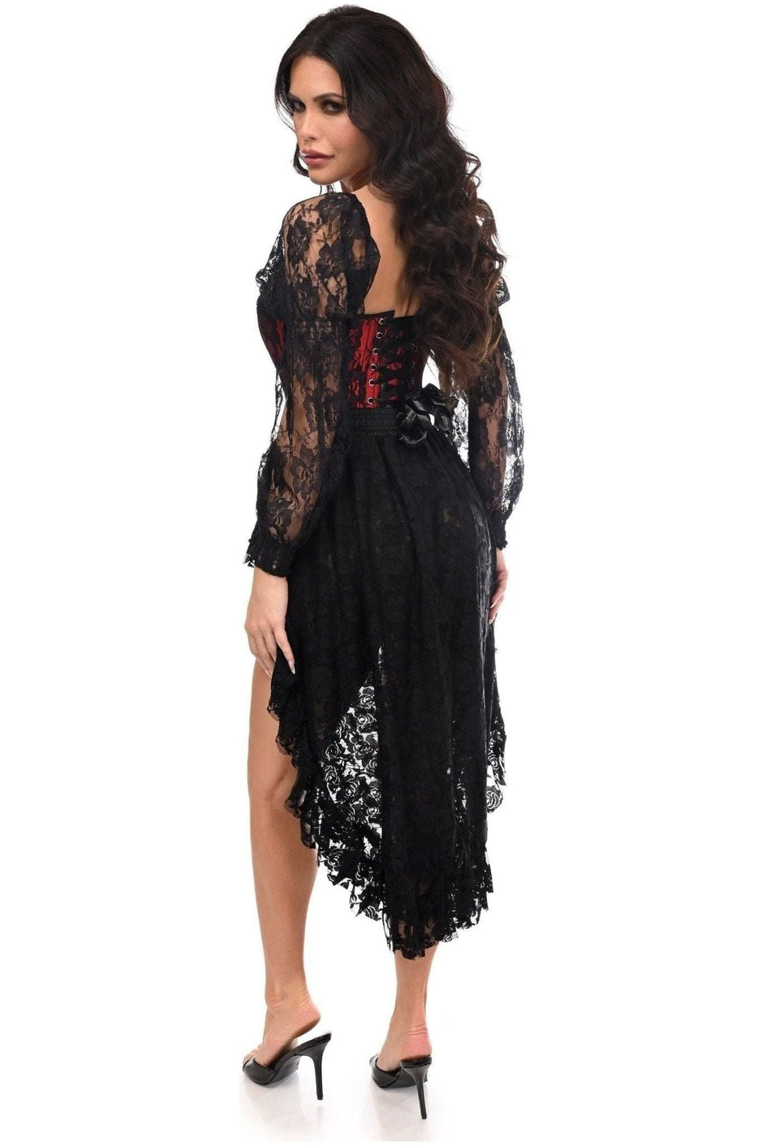 Top Drawer 2 PC Red/Black Lace Steel Boned Corset & Lace Skirt Set