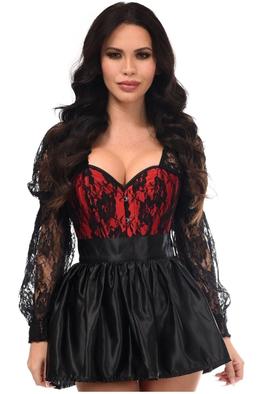Daisy Corsets Top Drawer 2 PC Red/Black Lace Steel Boned Corset & Satin Skirt Set in Red 