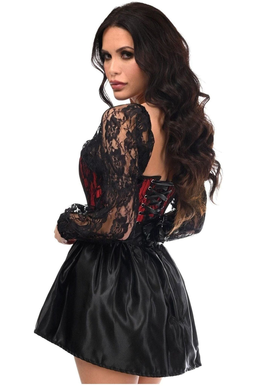 Daisy Corsets Top Drawer 2 PC Red/Black Lace Steel Boned Corset & Satin Skirt Set in Red 