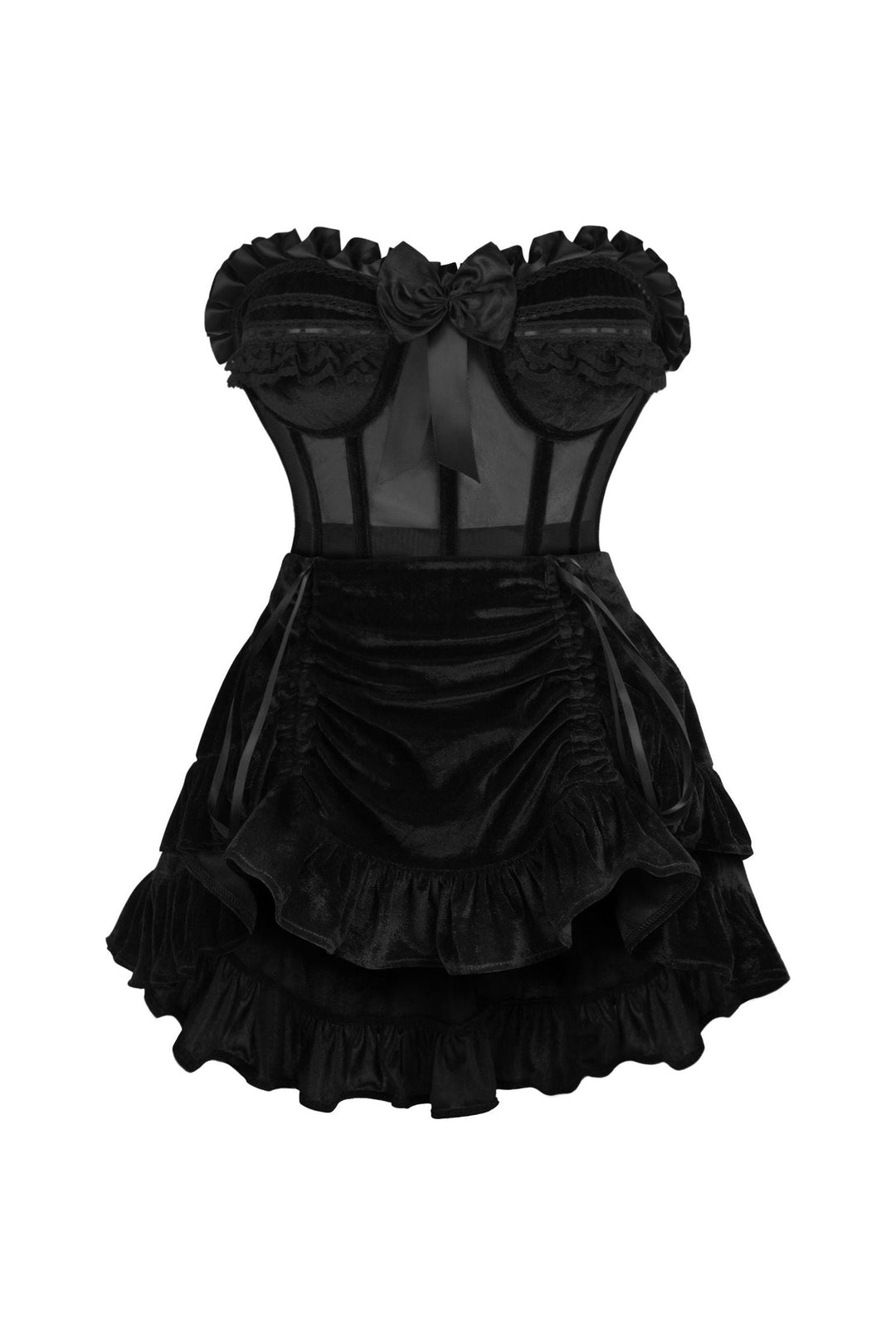 Top Drawer 2 PC Steel Boned Black Mesh & Velvet Underwire Bustier Corset & Skirt Set