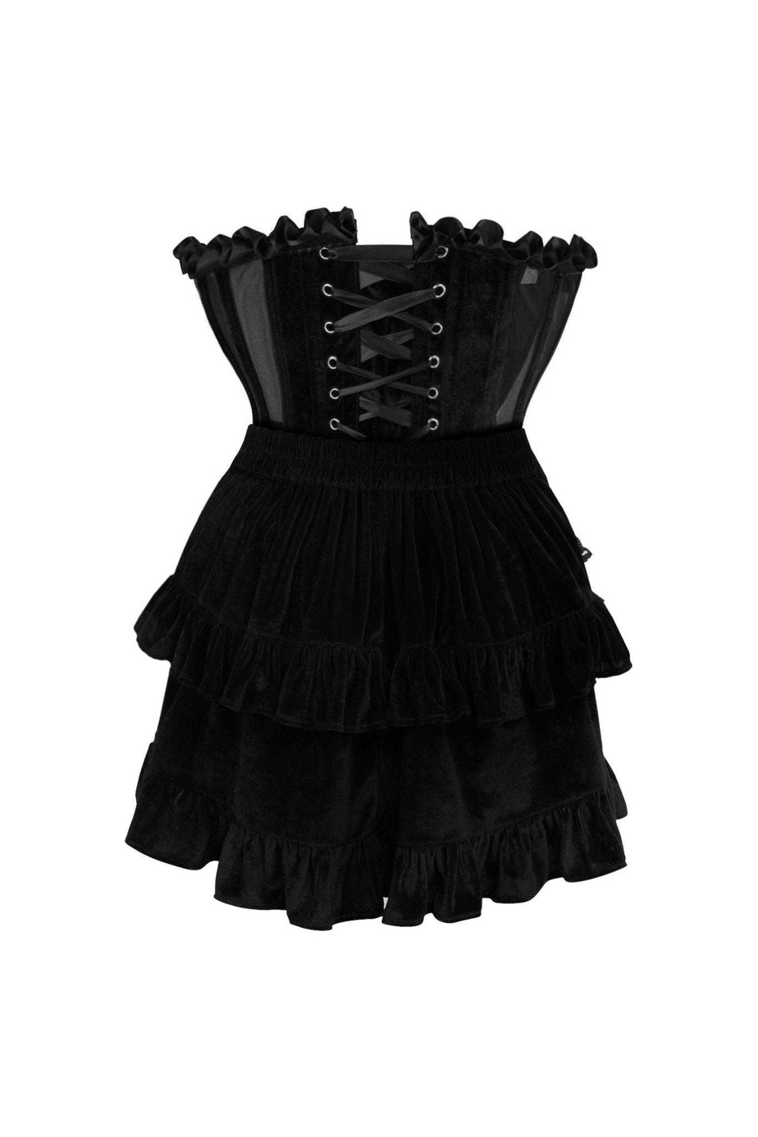 Top Drawer 2 PC Steel Boned Black Mesh & Velvet Underwire Bustier Corset & Skirt Set