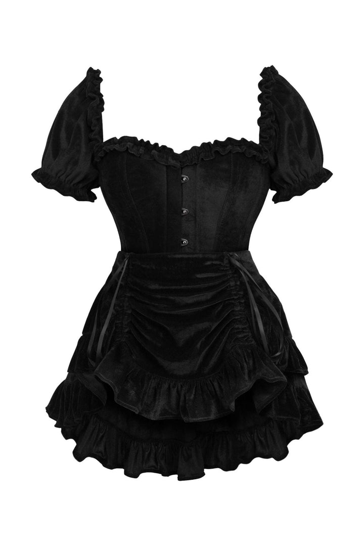Top Drawer 2 PC Steel Boned Black Velvet Overbust Corset w/Sleeves & Skirt Set