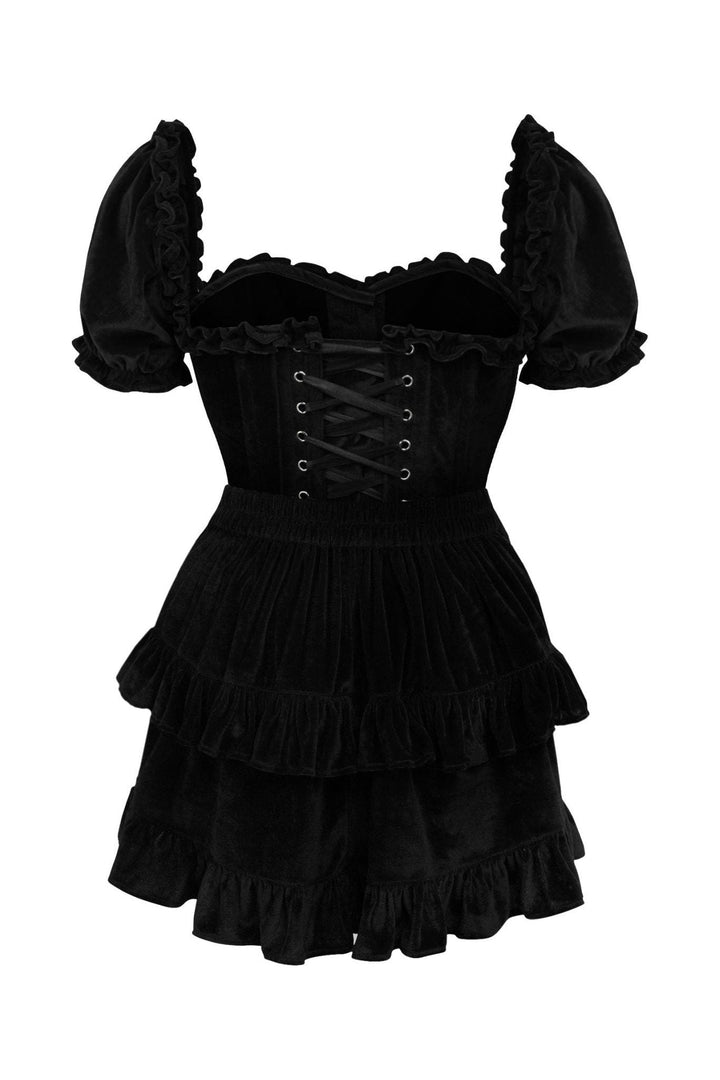 Top Drawer 2 PC Steel Boned Black Velvet Overbust Corset w/Sleeves & Skirt Set
