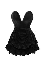 Top Drawer 2 PC Steel Boned Black Velvet Plunge Corset & Skirt Set