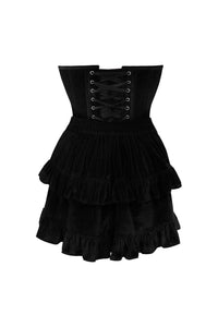 Daisy Corsets Top Drawer 2 PC Steel Boned Black Velvet Plunge Corset & Skirt Set in Black 