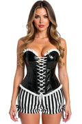 Top Drawer 2 PC Steel Boned Black Vinyl Patent Corset & Striped Bloomers Set
