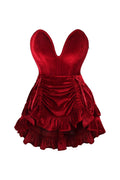 Top Drawer 2 PC Steel Boned Dark Red Velvet Plunge Corset & Skirt Set