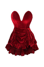 Top Drawer 2 PC Steel Boned Dark Red Velvet Plunge Corset & Skirt Set