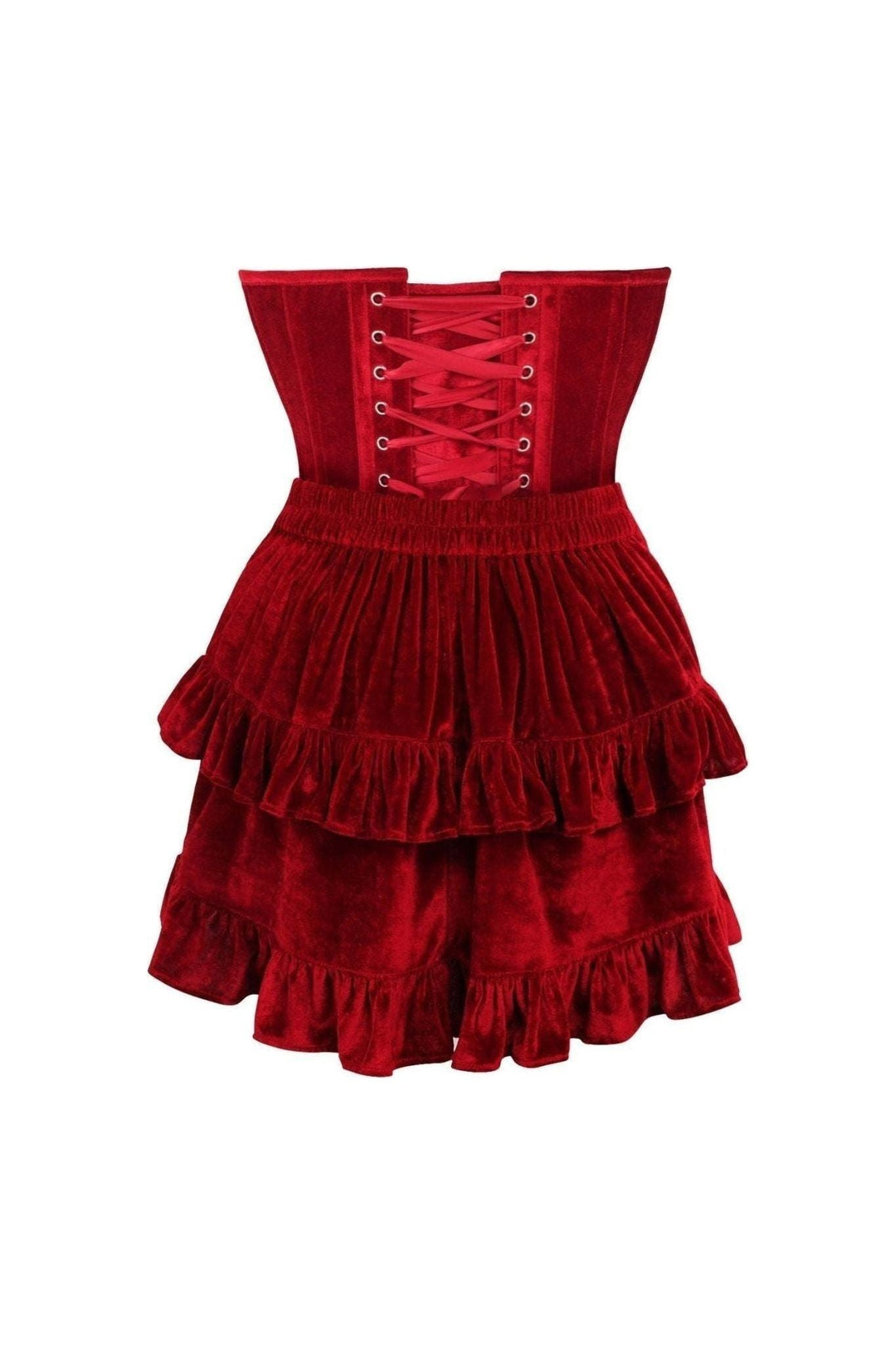Top Drawer 2 PC Steel Boned Dark Red Velvet Plunge Corset & Skirt Set