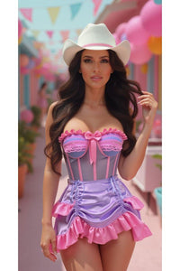 Daisy Corsets Top Drawer 2 PC Steel Boned Purple/Pink Mesh Underwire Bustier Corset & Skirt Set in Purple 