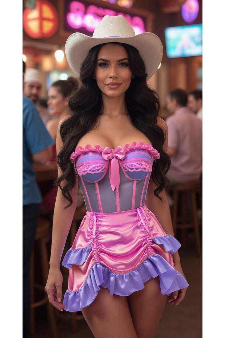 Top Drawer 2 PC Steel Boned Purple/Pink Mesh Underwire Bustier Corset & Skirt Set