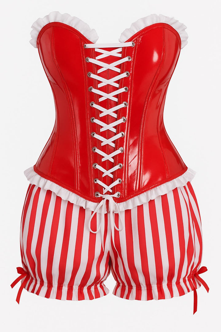 Top Drawer 2 PC Steel Boned Red Vinyl Patent Corset & Striped Bloomers Set