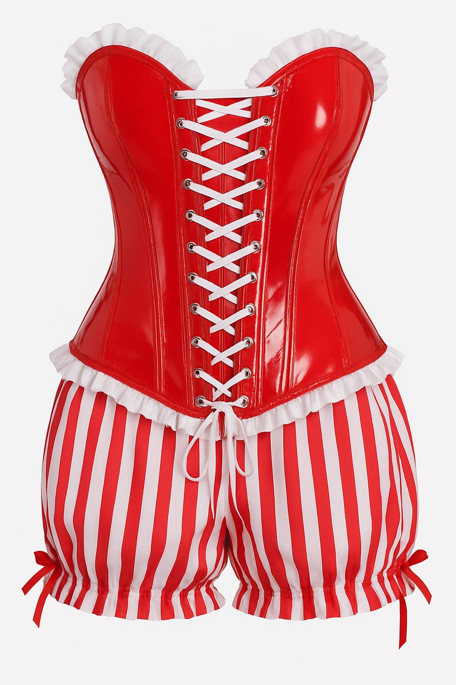 Top Drawer 2 PC Steel Boned Red Vinyl Patent Corset & Striped Bloomers Set