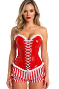 Top Drawer 2 PC Steel Boned Red Vinyl Patent Corset & Striped Bloomers Set