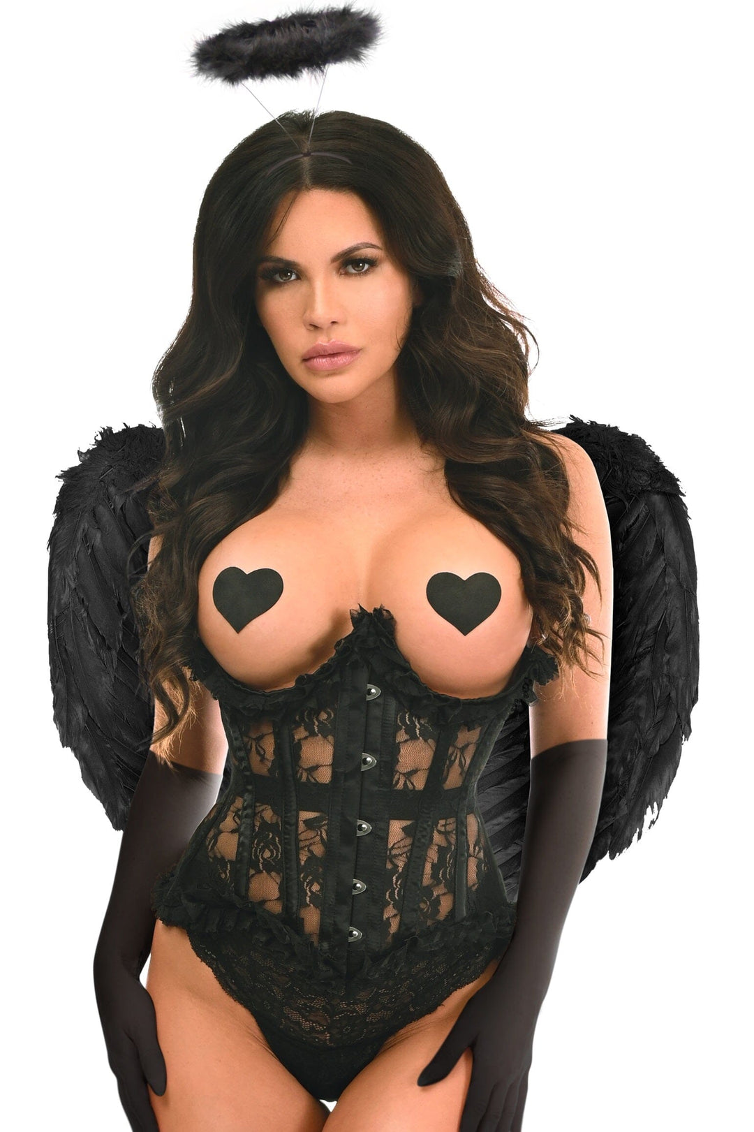 Daisy Corsets Top Drawer 4 PC Black Lace Dark Angel Corset Costume in Black 