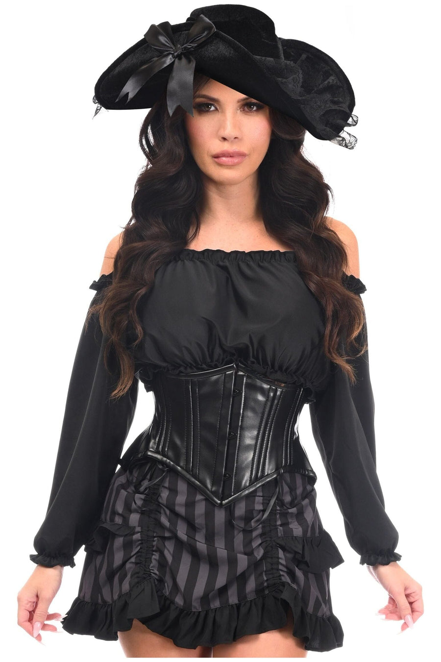 Daisy Corsets Top Drawer 4 PC Black/Grey Striped Premium Pirate Corset Costume in Black 