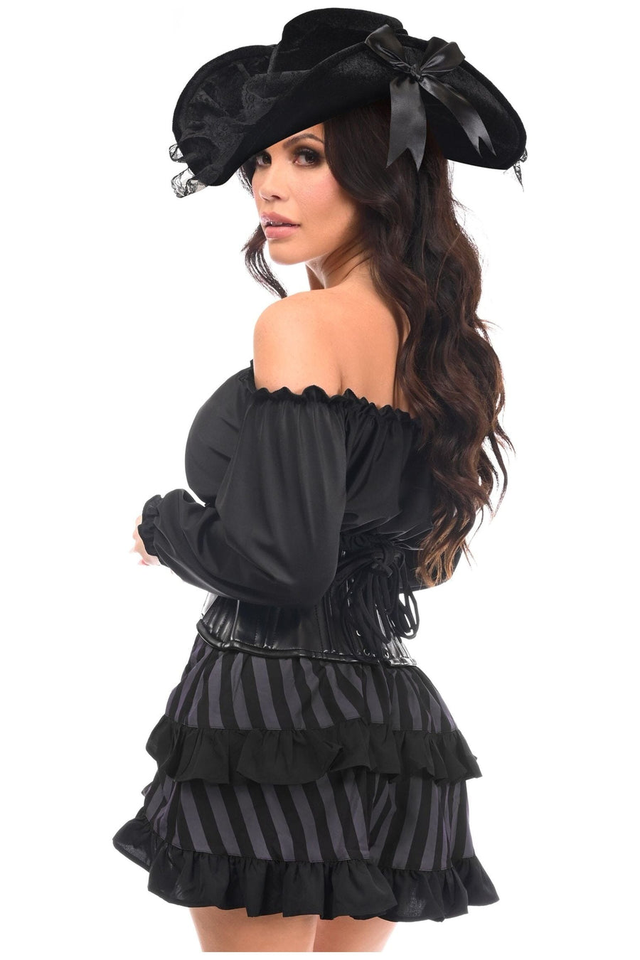 Daisy Corsets Top Drawer 4 PC Black/Grey Striped Premium Pirate Corset Costume in Black 