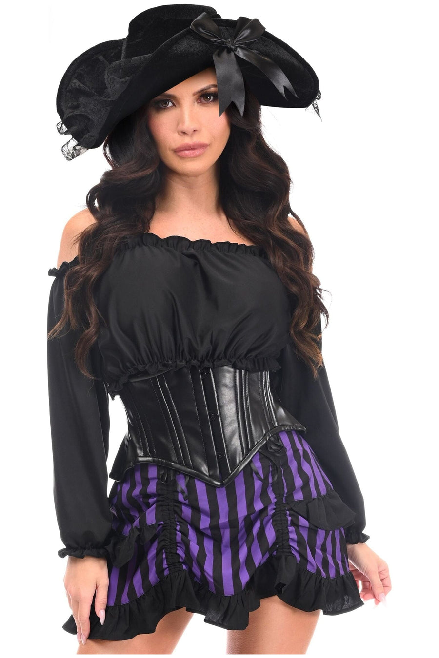 Daisy Corsets Top Drawer 4 PC Black/Purple Striped Premium Pirate Corset Costume in Purple 