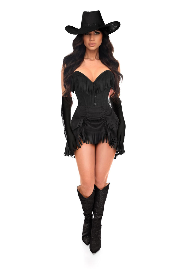 Top Drawer 4 PC Premium Black Suede Fringe Cowgirl Corset Costume